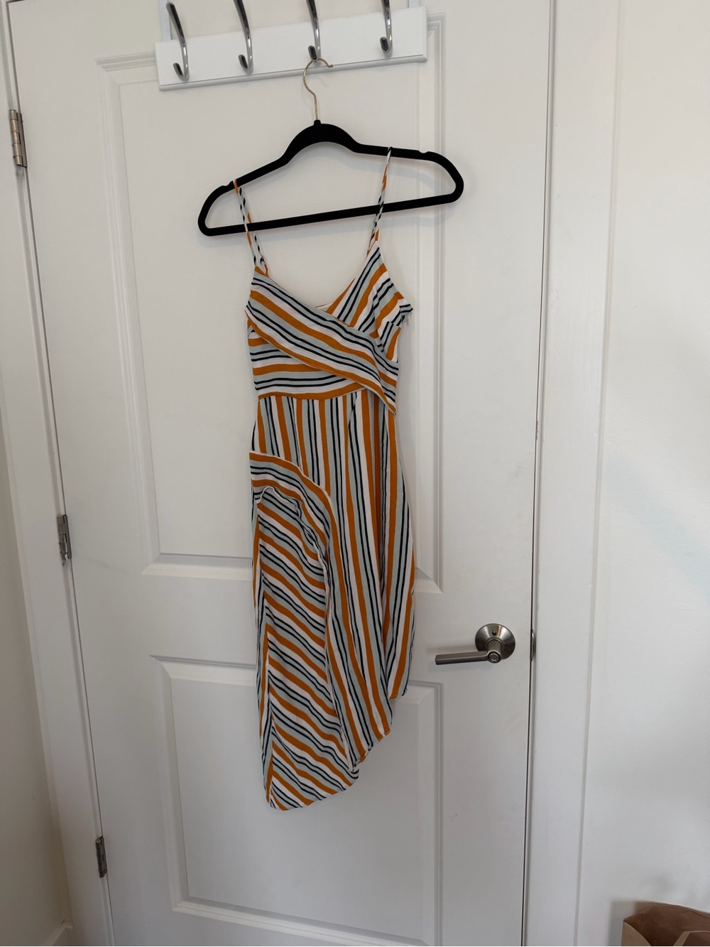 Lulu's Yellow White Black Striped Asymmetrical Slip Dress